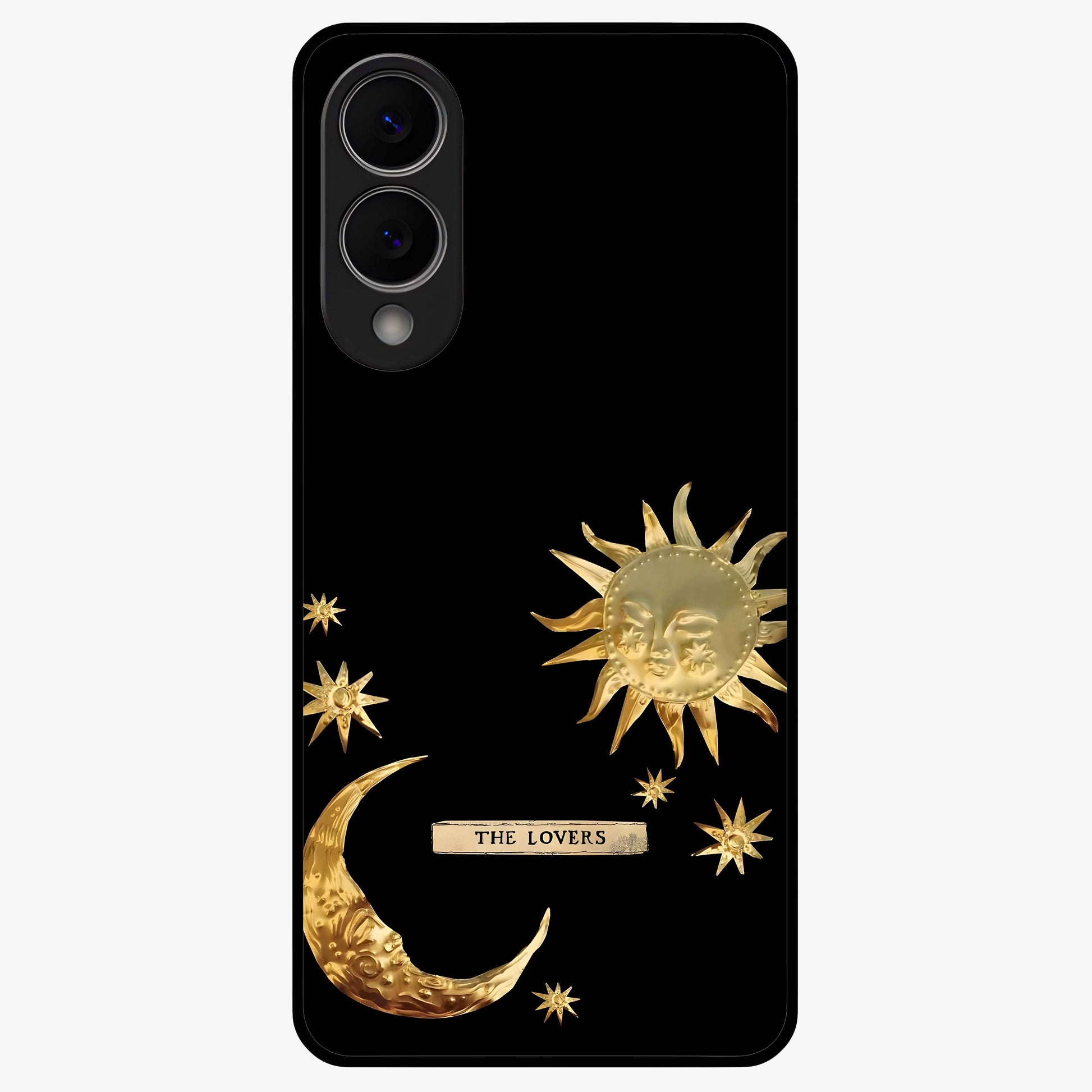 Golden Celestial Charm Glass Case showing flat back view with golden celestial charm artwork and glossy glass finish.