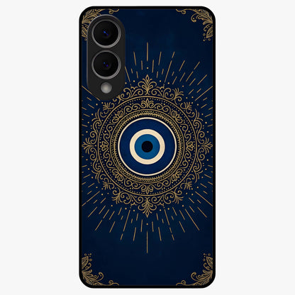 Golden Evil Eye Mandala Glass Case showing flat back view with intricate evil eye mandala artwork and glossy glass finish.