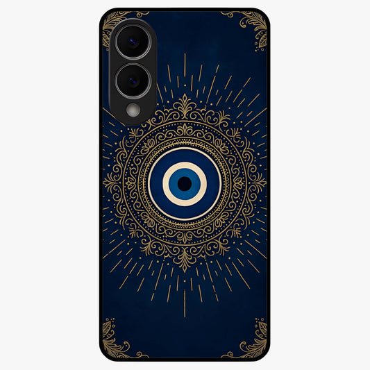 Golden Evil Eye Mandala Glass Case showing flat back view with intricate evil eye mandala artwork and glossy glass finish.