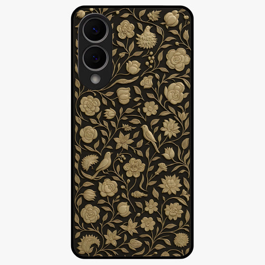 Golden Floral Majesty Glass Case showing flat back view with luxurious golden floral artwork and glossy glass finish.