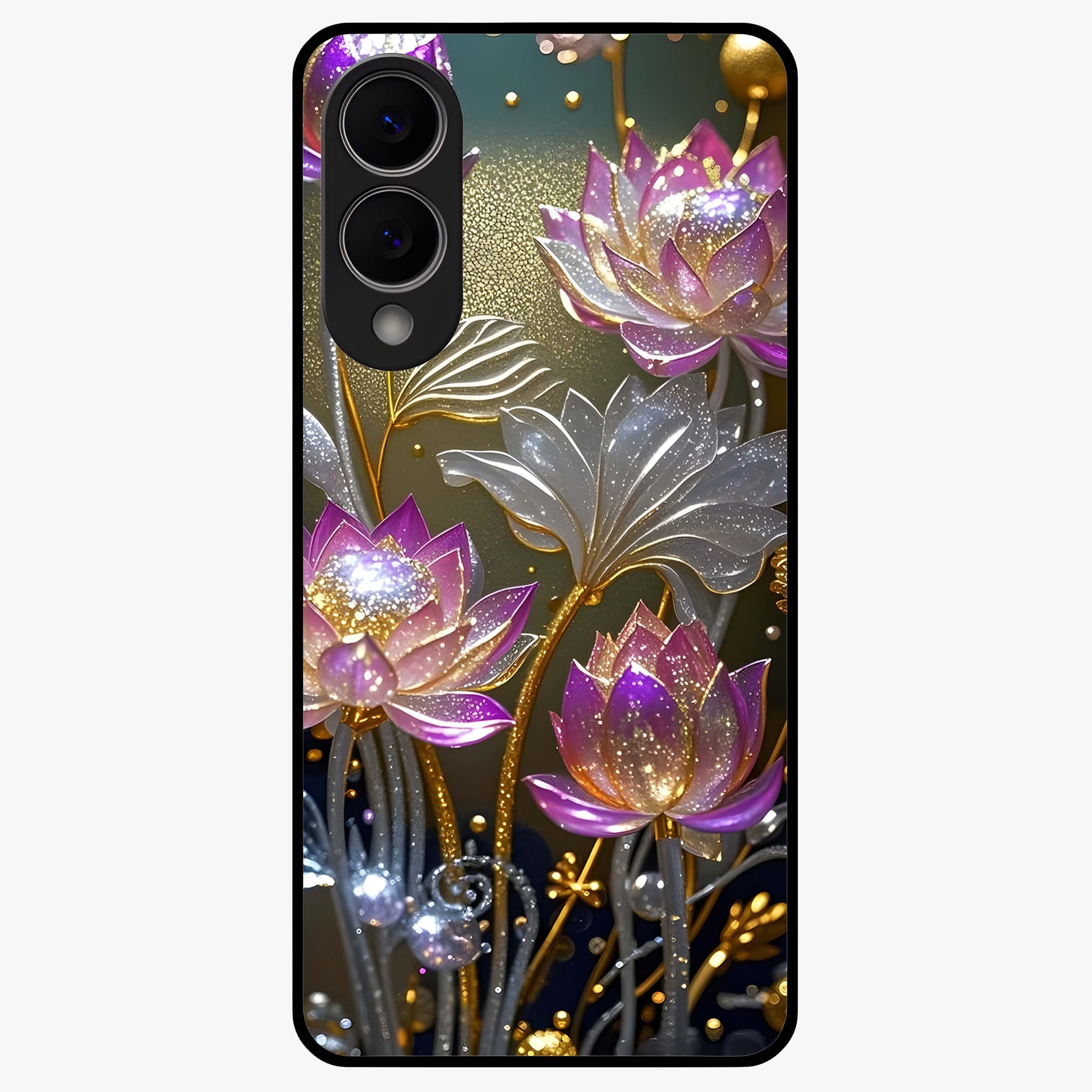 Golden Lotus Glow Glass Case showing flat back view with glowing lotus flower artwork and glossy glass finish.