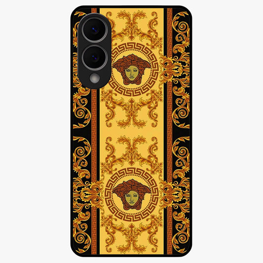 Golden Royal Heritage Glass Case showing flat back view with ornate royal pattern artwork and glossy glass finish.
