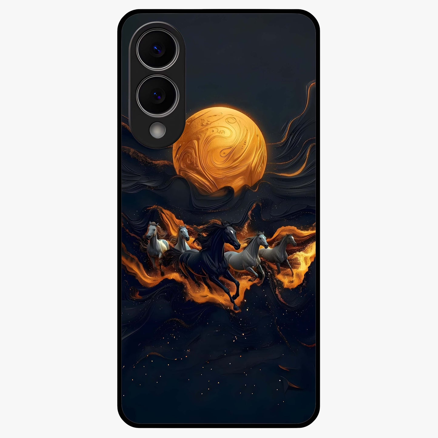 Golden Stallion Moonride Glass Case showing flat back view with majestic horse under moonlight artwork and glossy glass finish.