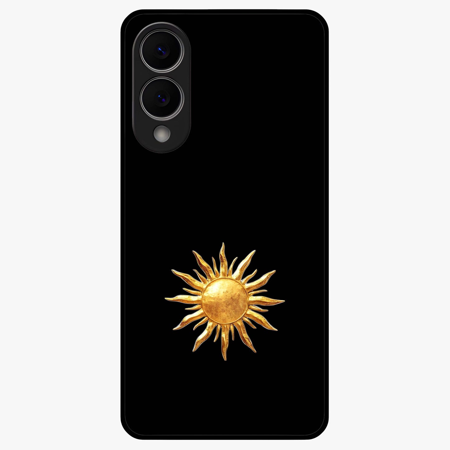 Golden Sun Minimalism Glass Case showing flat back view with minimal golden sun artwork and glossy glass finish.