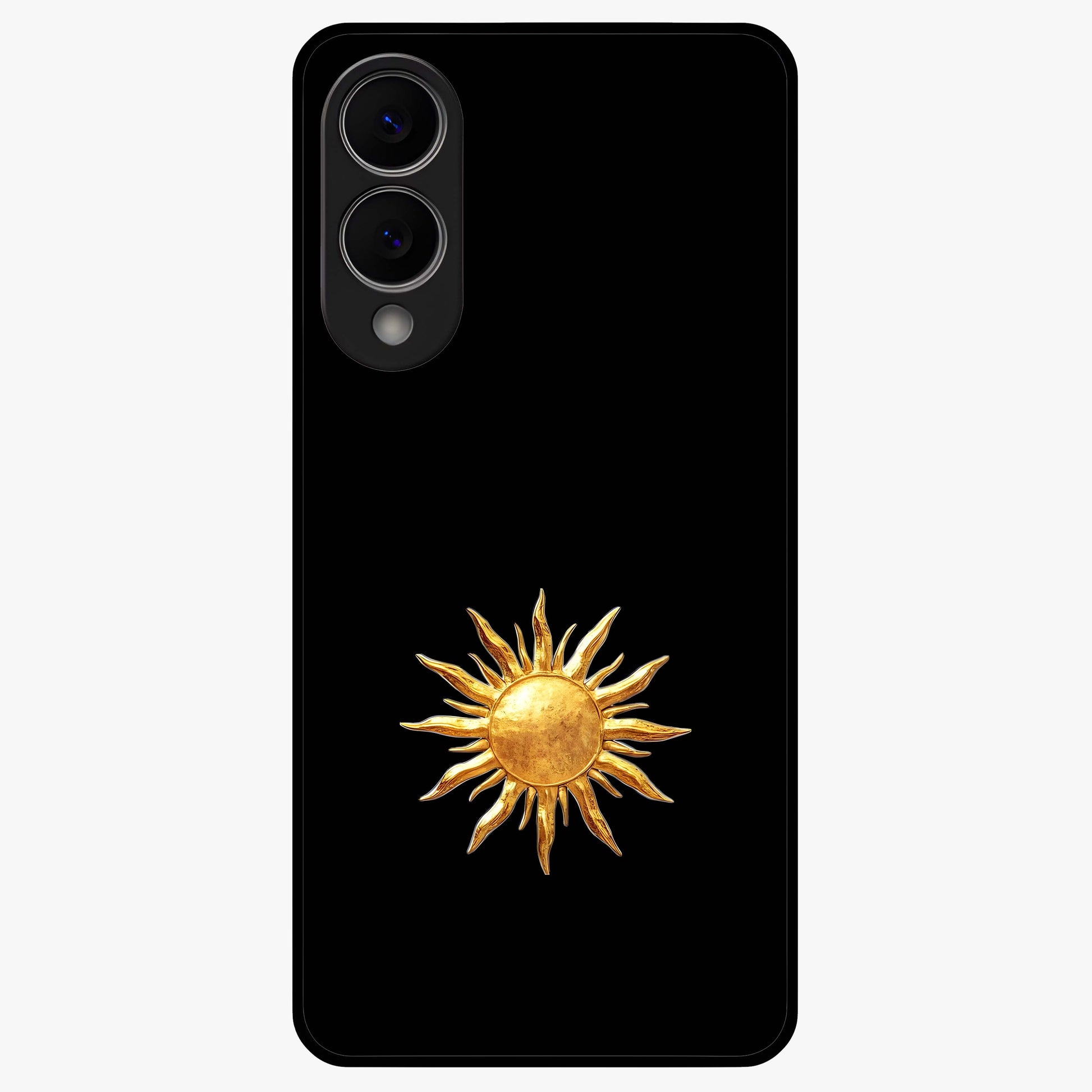 Golden Sun Minimalism Glass Case showing flat back view with minimal golden sun artwork and glossy glass finish.