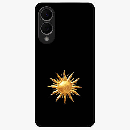 Golden Sun Minimalism Glass Case showing flat back view with minimal golden sun artwork and glossy glass finish.