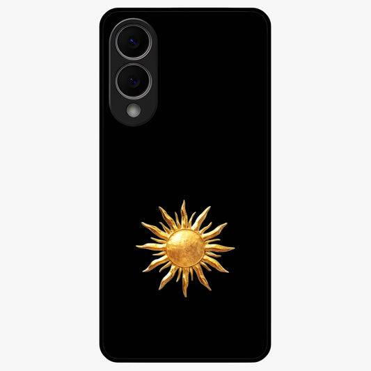 Golden Sun Minimalism Glass Case showing flat back view with minimal golden sun artwork and glossy glass finish.