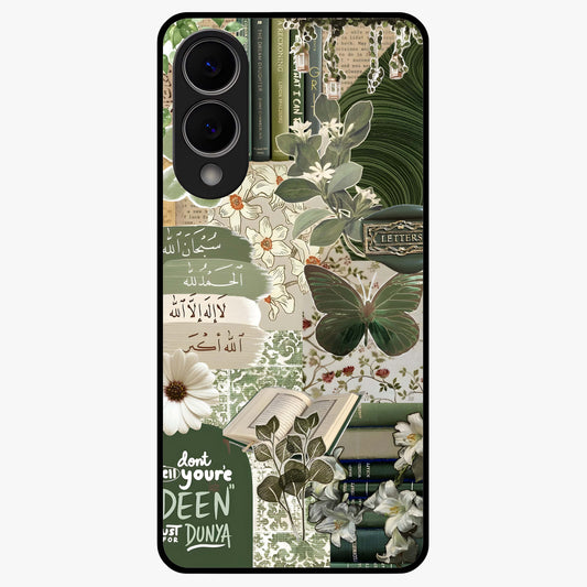 Green Islamic Books Quotes Glass Case showing flat back view with Islamic quotes and book themed artwork and glossy glass finish.