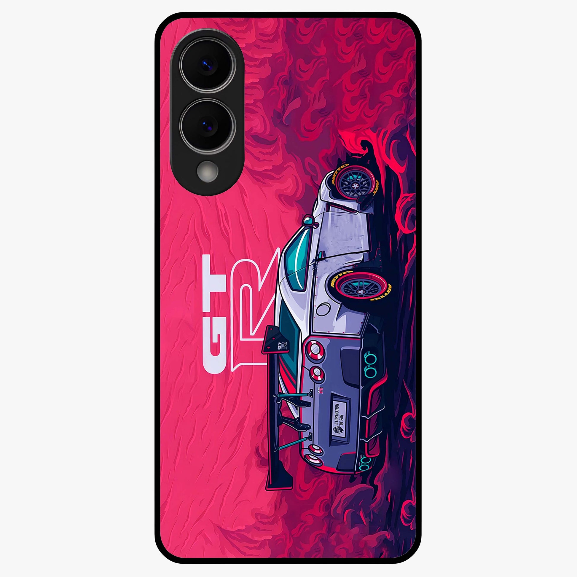 GT-R Car Pattern Glass Case showing flat back view with sporty car inspired pattern artwork and glossy glass finish.