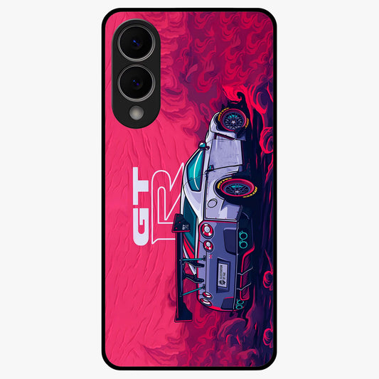 GT-R Car Pattern Glass Case showing flat back view with sporty car inspired pattern artwork and glossy glass finish.
