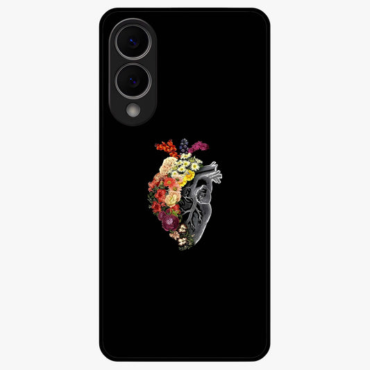 Heart With Flowers Glass Case showing flat back view with heart shaped floral artwork and glossy glass finish.