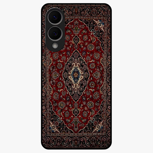Heritage Carpet Royale Glass Case showing flat back view with ornate Persian carpet inspired pattern and glossy glass finish.
