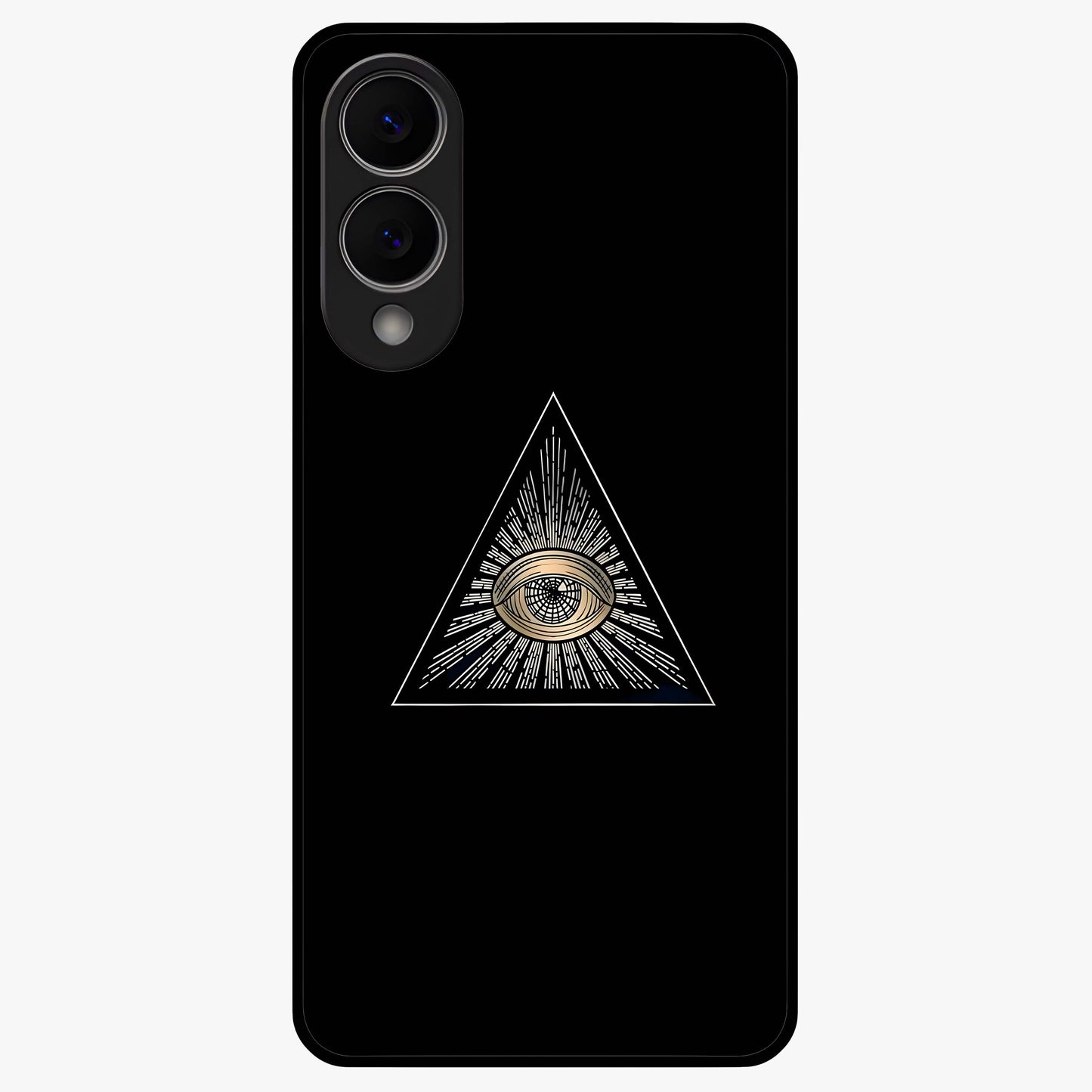 Illuminati Evil Glass Case showing flat back view with mysterious illuminati symbol artwork and glossy glass finish.