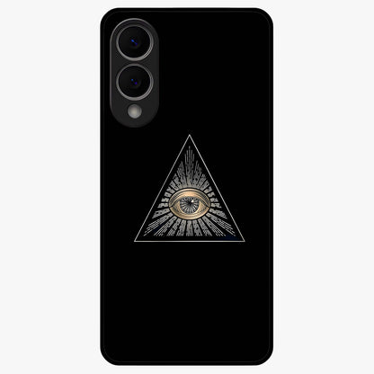 Illuminati Evil Glass Case showing flat back view with mysterious illuminati symbol artwork and glossy glass finish.