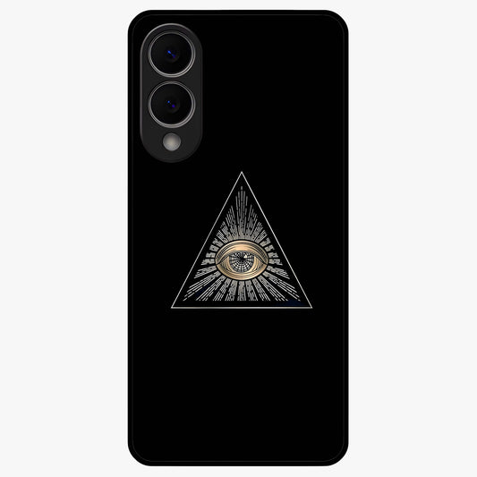 Illuminati Evil Glass Case showing flat back view with mysterious illuminati symbol artwork and glossy glass finish.