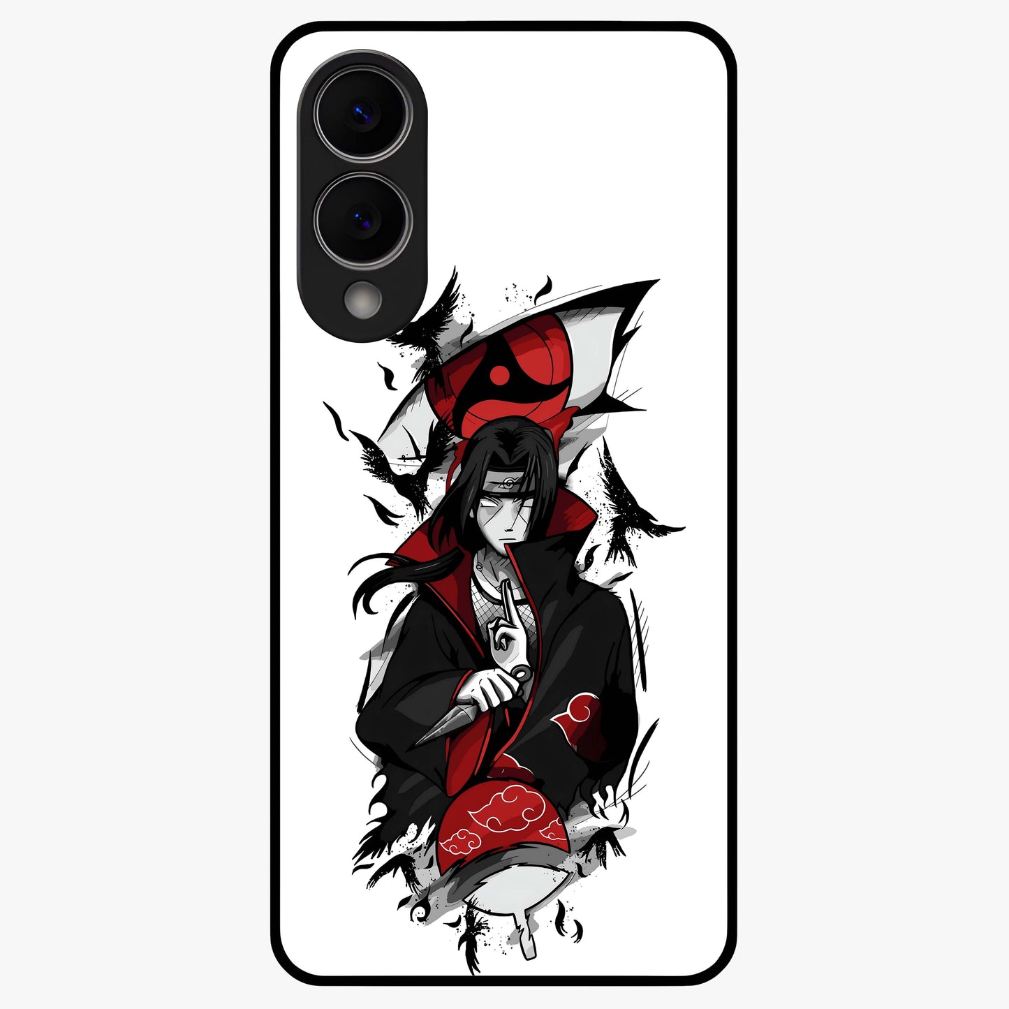 Itachi Sharingan Glass Case showing flat back view with powerful anime eye artwork and glossy glass finish.