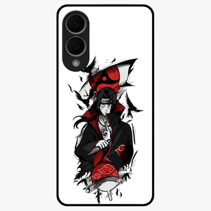 Itachi Sharingan Glass Case showing flat back view with powerful anime eye artwork and glossy glass finish.