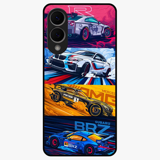 JDM Sports Car Glass Case showing flat back view with high performance sports car artwork and glossy glass finish.