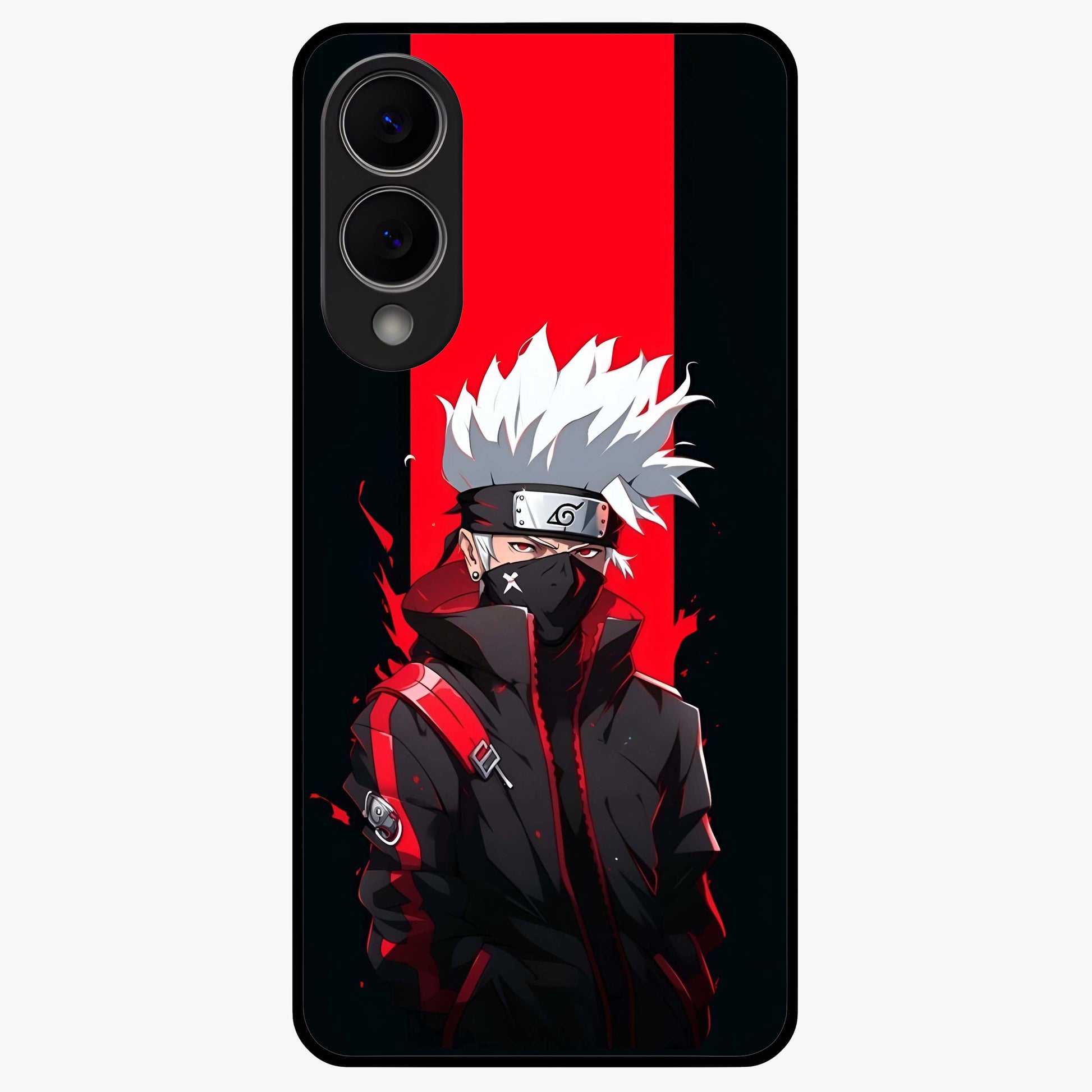 Kakashi Scarlet Shadow Glass Case showing flat back view with powerful anime ninja artwork and glossy glass finish.