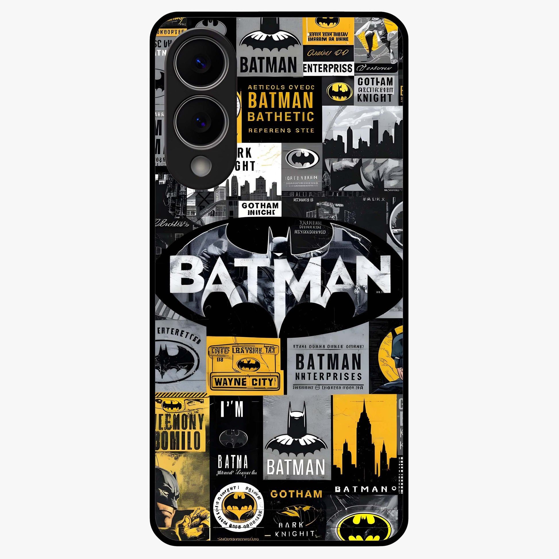 Knight Gotham Rise Glass Case showing flat back view with dark hero inspired artwork and glossy glass finish.