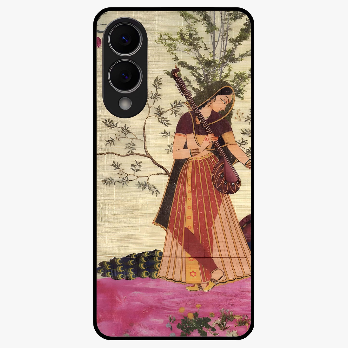 Lady With Veena Art Glass Case showing flat back view with elegant woman playing veena artwork and glossy glass finish.