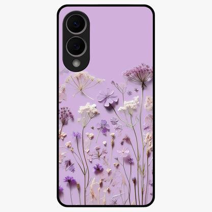 Lavender Blossom Dream Glass Case showing flat back view with soft lavender floral artwork and glossy glass finish.