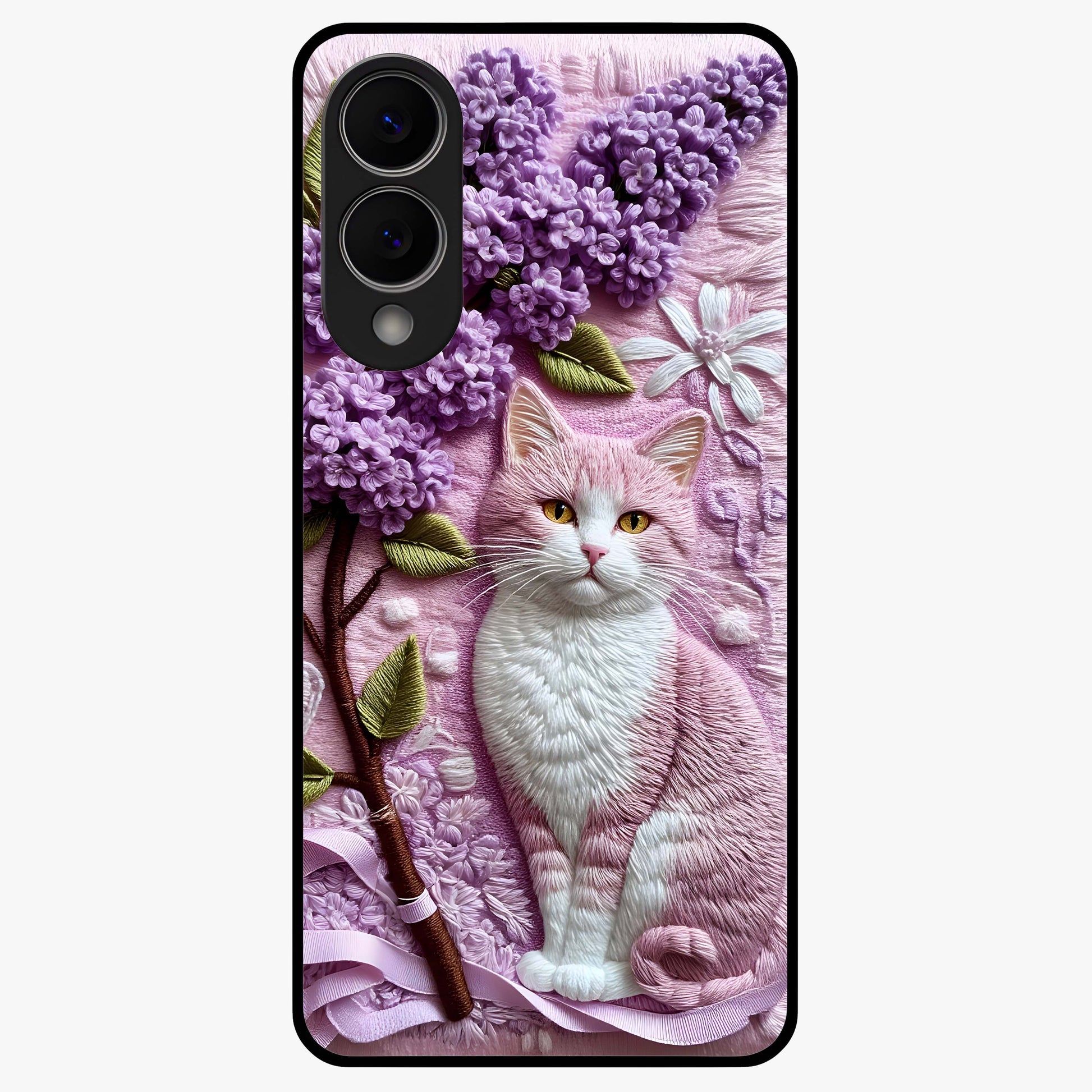 Lavender Cat Whimsy Glass Case showing flat back view with cute lavender cat artwork and glossy glass finish.