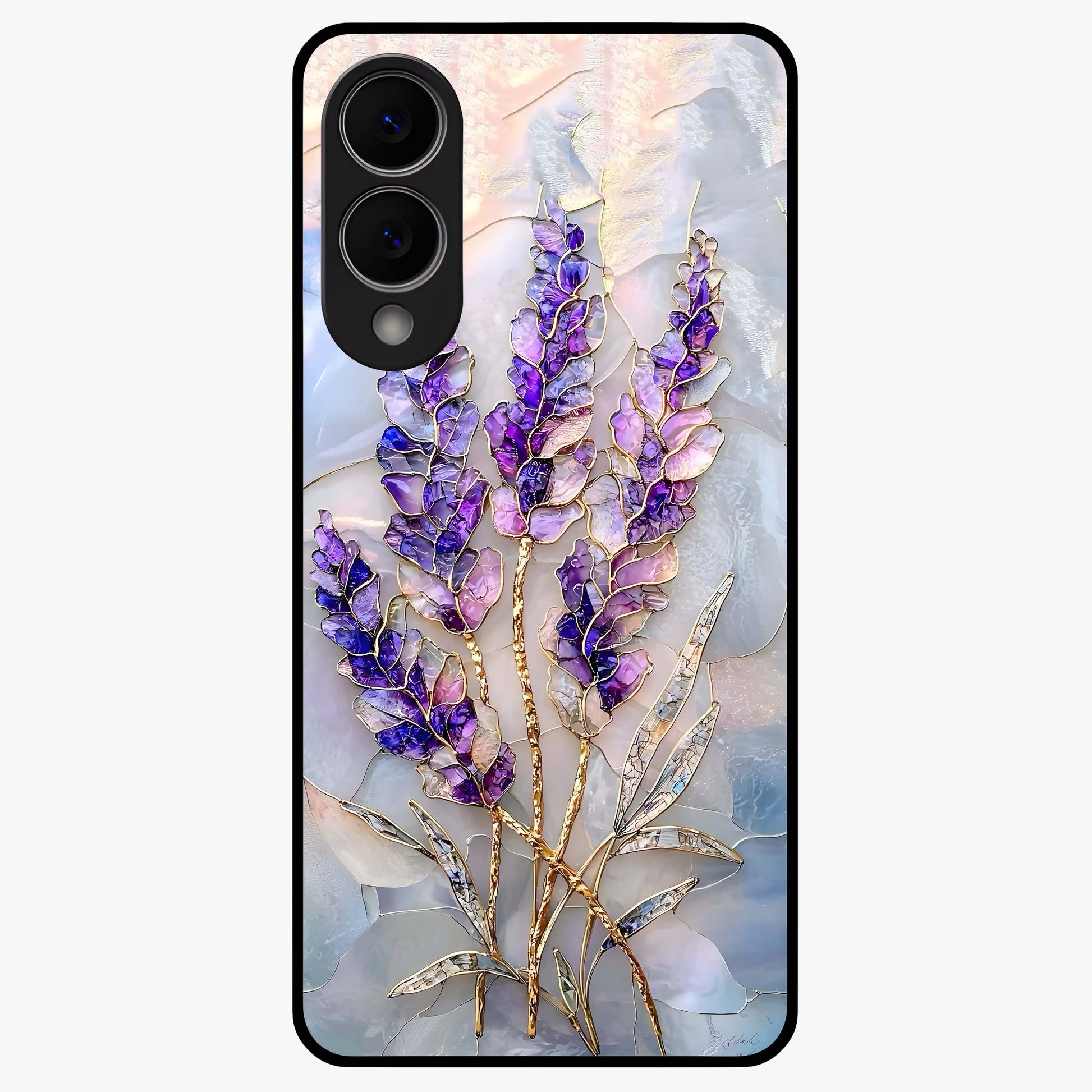 Lavender Dream Glow Glass Case showing flat back view with glowing lavender aesthetic artwork and glossy glass finish.