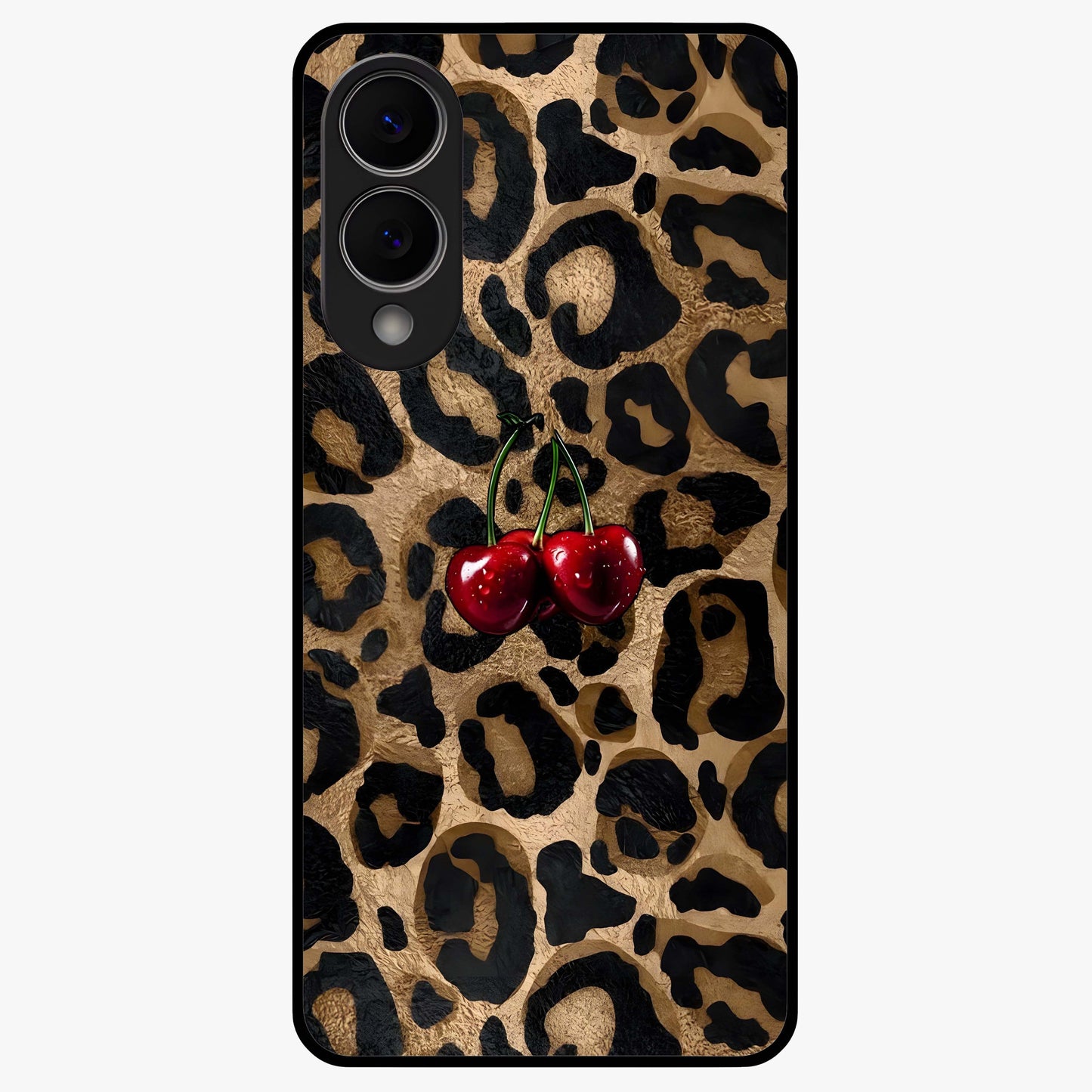 Leopard Wild Cherry Glass Case showing flat back view with leopard pattern and cherry artwork and glossy glass finish.