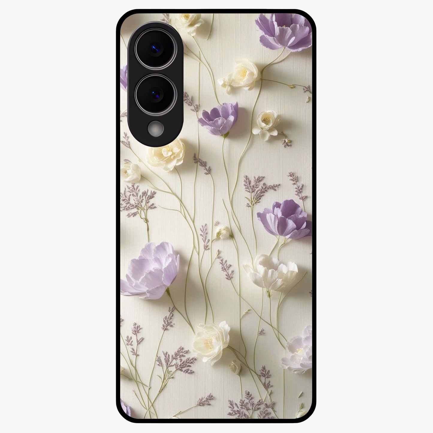 Lilac Breeze Harmony Glass Case showing flat back view with soft lilac themed artwork and glossy glass finish.