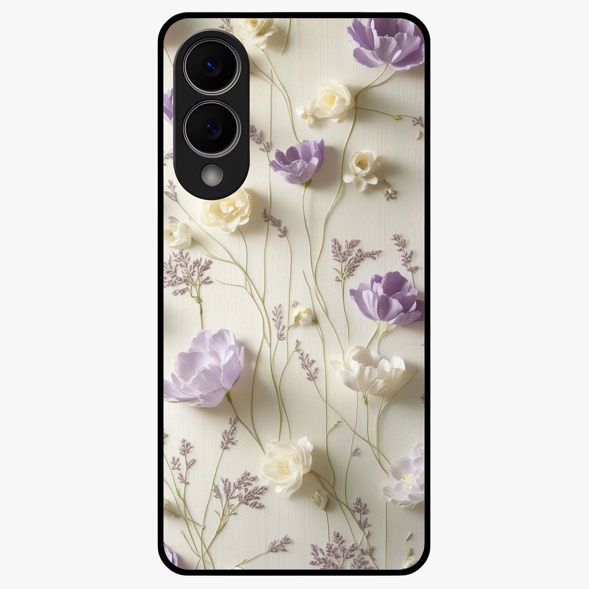 Lilac Breeze Harmony Glass Case showing flat back view with soft lilac themed artwork and glossy glass finish.