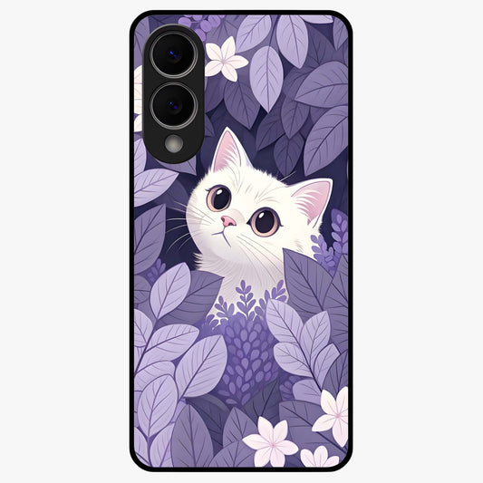 Lilac Hide Peek Cat Glass Case showing flat back view with cute peeking cat artwork and glossy glass finish.
