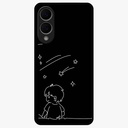 Line Art Boy With Shooting Stars Glass Case showing flat back view with minimal line art boy and shooting stars illustration and glossy glass finish.