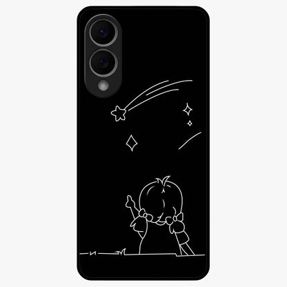 Line Art Girl With Shooting Stars Glass Case showing flat back view with minimal line art girl and shooting stars illustration and glossy glass finish.