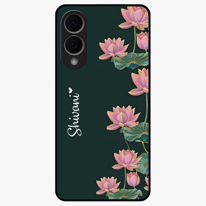 Lotus Bloom Serenity Custom Name Glass Case showing flat back view with elegant lotus flower artwork and personalized name design.
