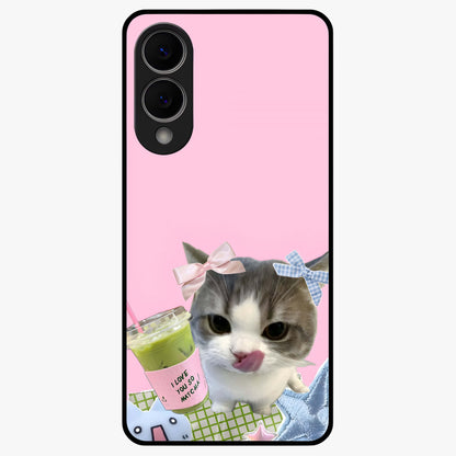 Love Matcha Cat Glass Case showing flat back view with cute cat and matcha themed artwork and glossy glass finish.