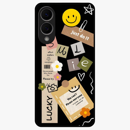 Lucky Aesthetic Collage Glass Case showing flat back view with trendy aesthetic collage artwork and glossy glass finish.
