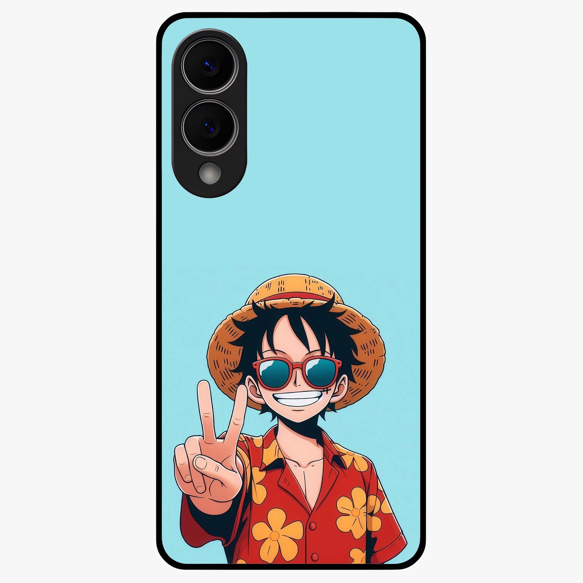 Luffy Summer Anime Vibe Glass Case showing flat back view with vibrant anime character artwork and glossy glass finish.