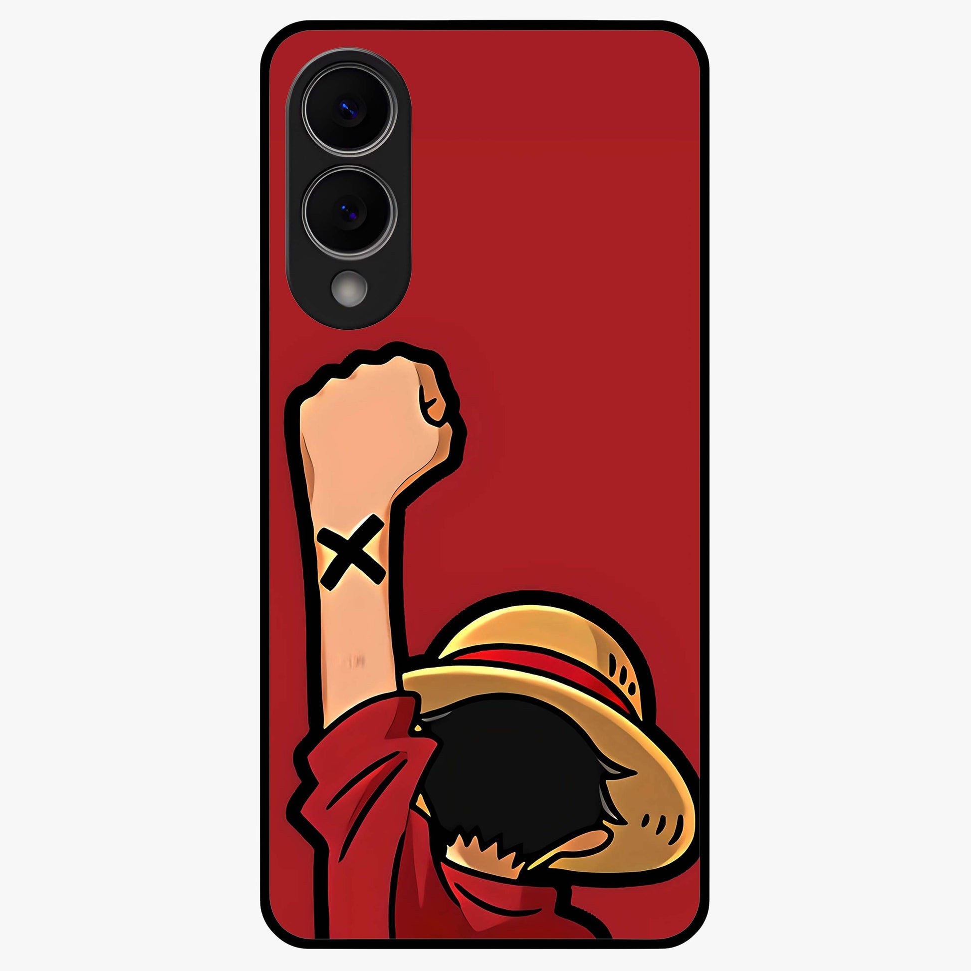 Luffy X Spirit Glass Case showing flat back view with bold anime character artwork and glossy glass finish.