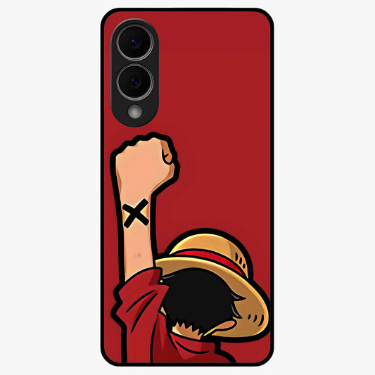 Luffy X Spirit Glass Case showing flat back view with bold anime character artwork and glossy glass finish.