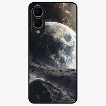Lunar Horizon Glow Glass Case showing flat back view with glowing moon horizon artwork and glossy glass finish.