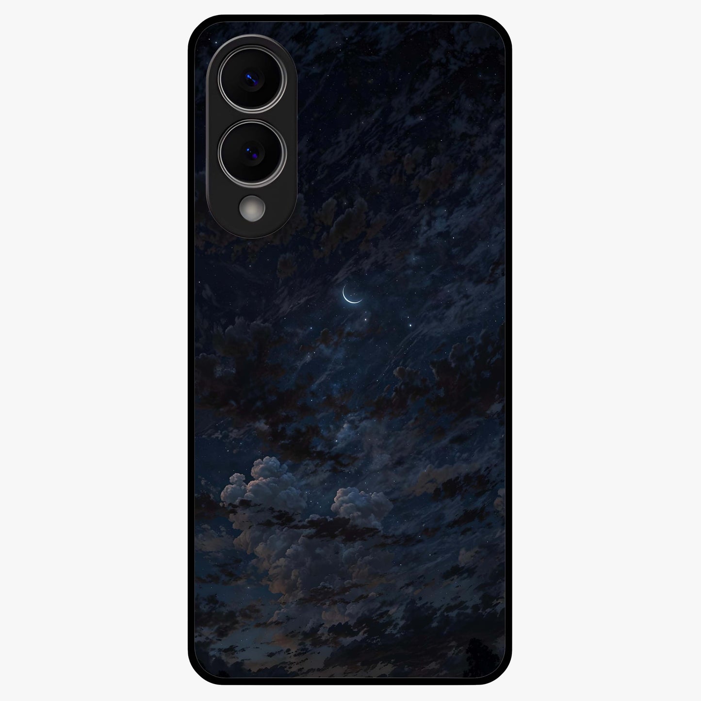 Lunar Veil Silence Glass Case showing flat back view with mystical moon veil artwork and glossy glass finish.
