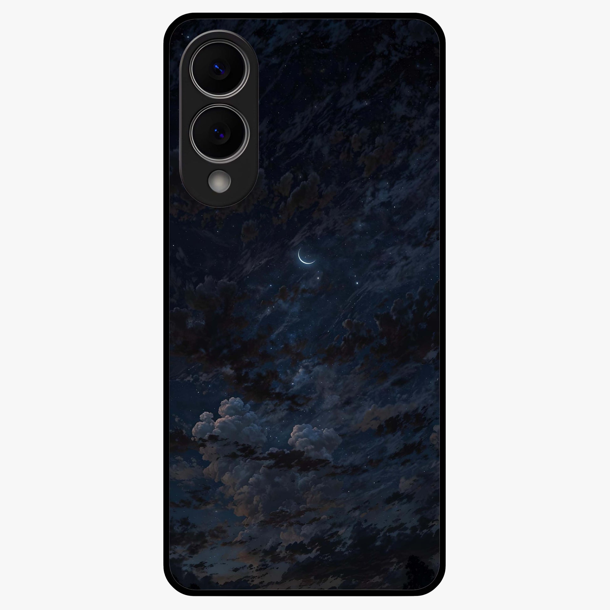 Lunar Veil Silence Glass Case showing flat back view with mystical moon veil artwork and glossy glass finish.