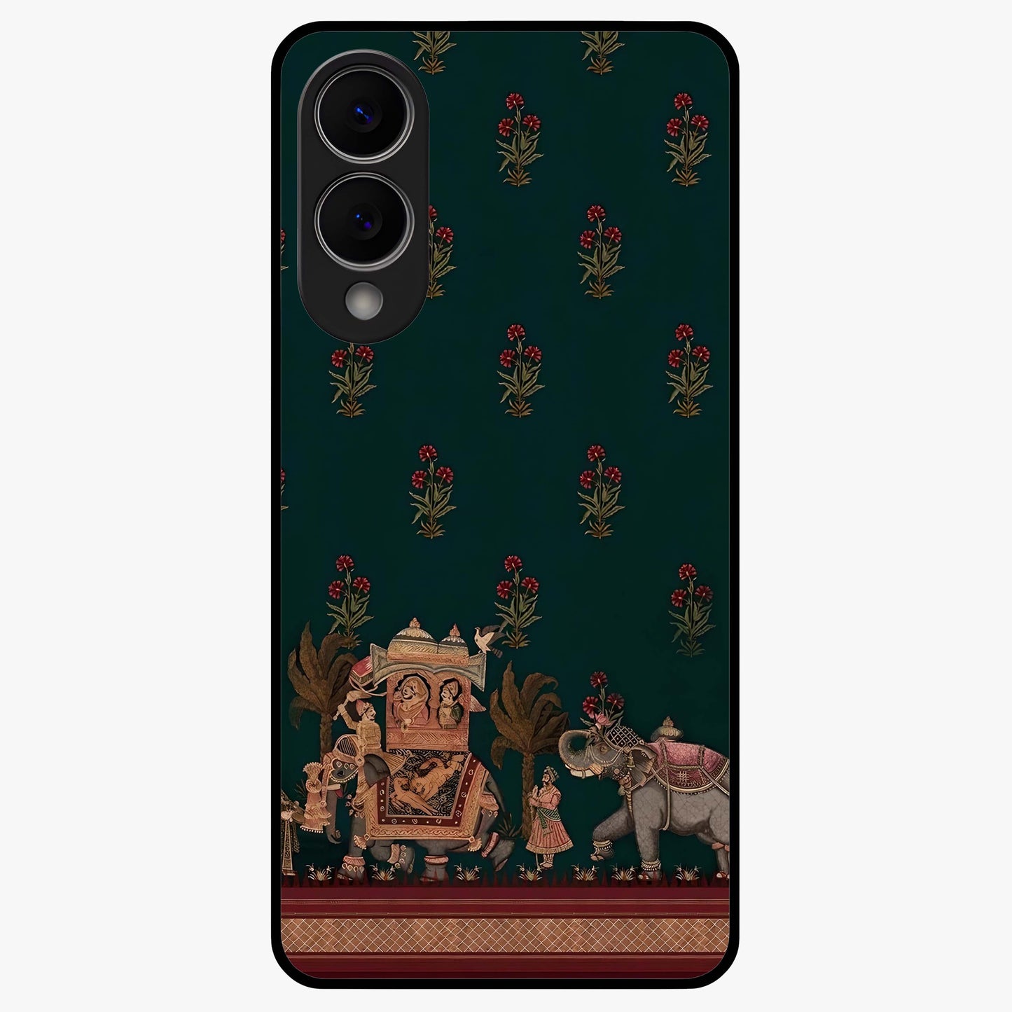 Macmerise Glass Case showing flat back view with stylish modern artwork and glossy glass finish.