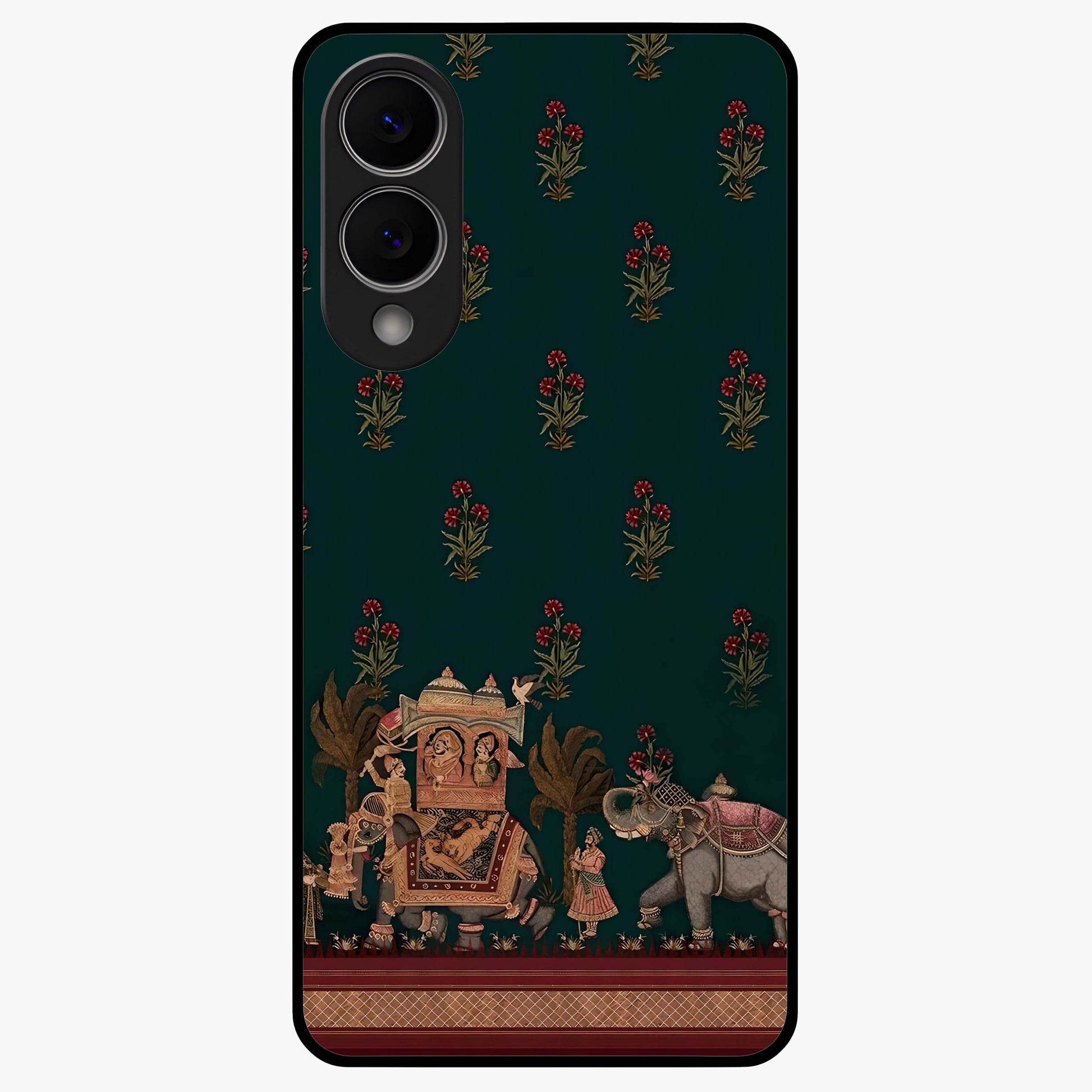 Macmerise Glass Case showing flat back view with stylish modern artwork and glossy glass finish.