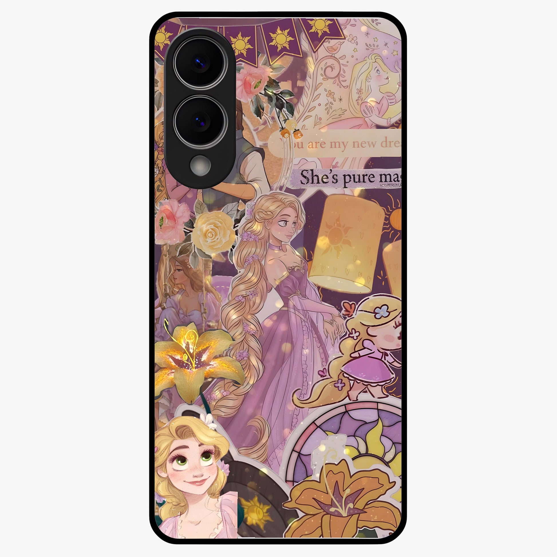 Magical Tangled Dream Glass Case showing flat back view with dreamy tangled artwork and glossy glass finish.