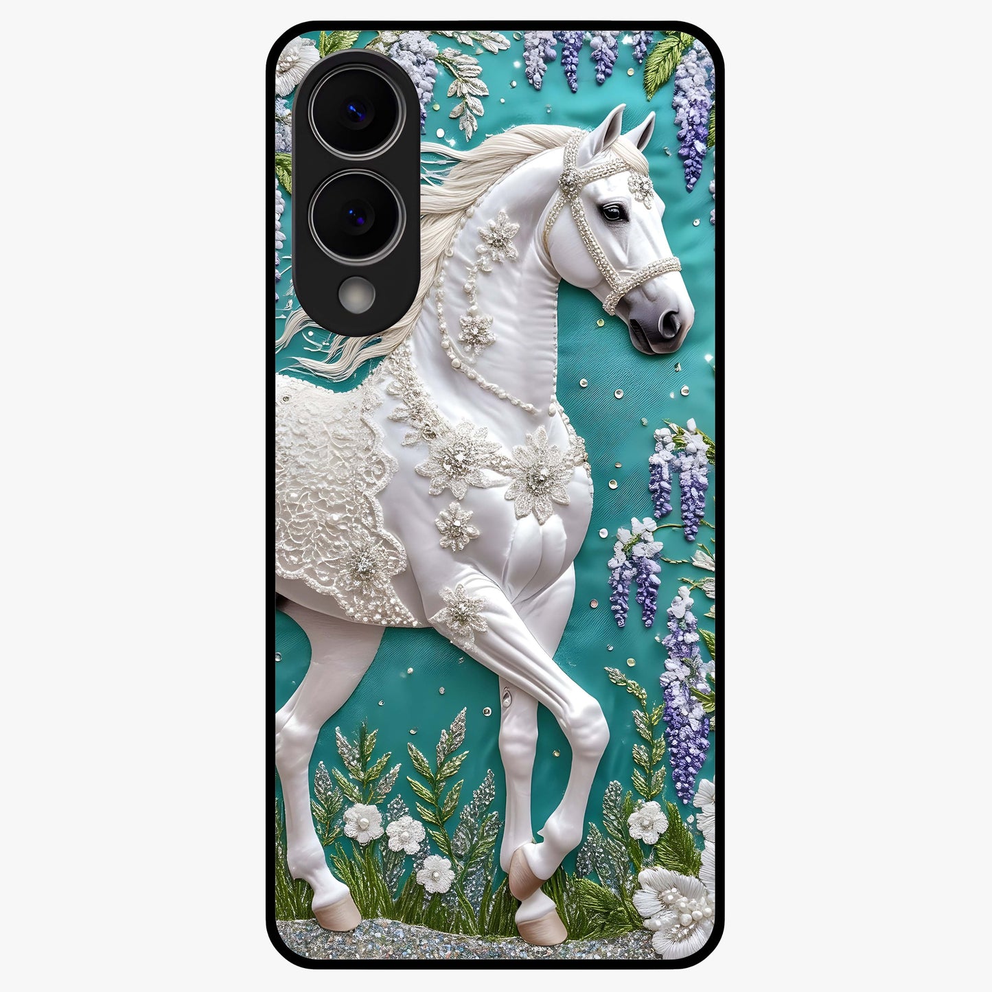 Majestic Floral Stallion Glass Case showing flat back view with powerful horse and floral artwork and glossy glass finish.