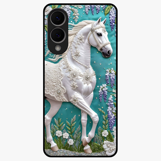 Majestic Floral Stallion Glass Case showing flat back view with powerful horse and floral artwork and glossy glass finish.