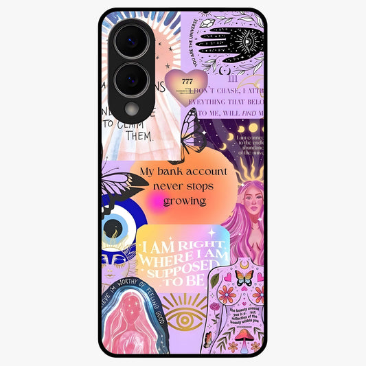 Manifestation Collage Glass Case showing flat back view with motivational collage artwork and glossy glass finish.