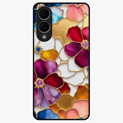 Marble Flower Pattern Glass Case showing flat back view with marble texture floral artwork and glossy glass finish.